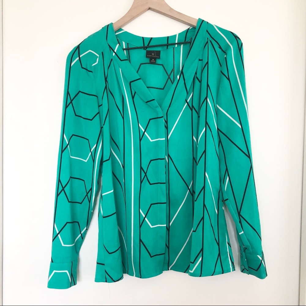 Worthington Green Striped Button Up V Neck Top